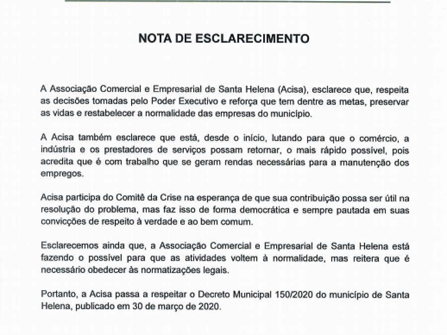 Acisa publica nota de esclarecimento sobre funcionamento do comércio de Santa Helena