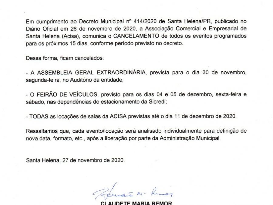 Em obediência a decreto Acisa cancela eventos na entidade até 11 de dezembro