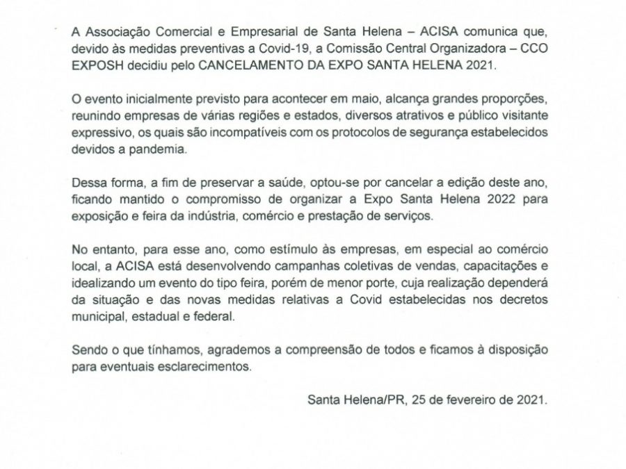 Comissão decide pelo cancelamento da Expo Santa Helena 2021