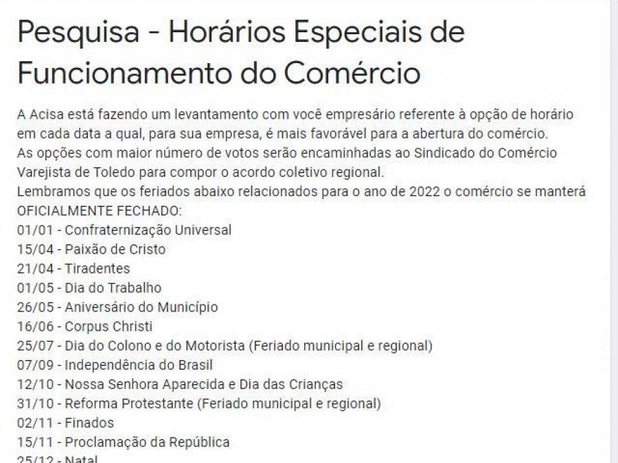 Pesquisa da Acisa visa compor horários especiais para o comércio de Santa Helena