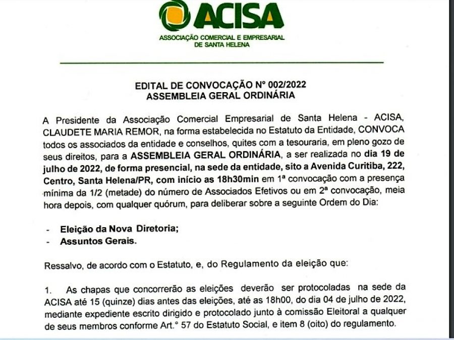 Acisa lança novo edital para eleição de diretoria