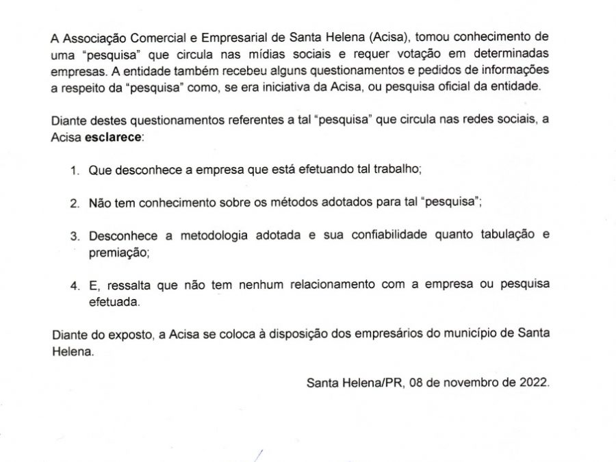 Acisa emite nota de esclarecimento a respeito de pesquisa em Santa Helena