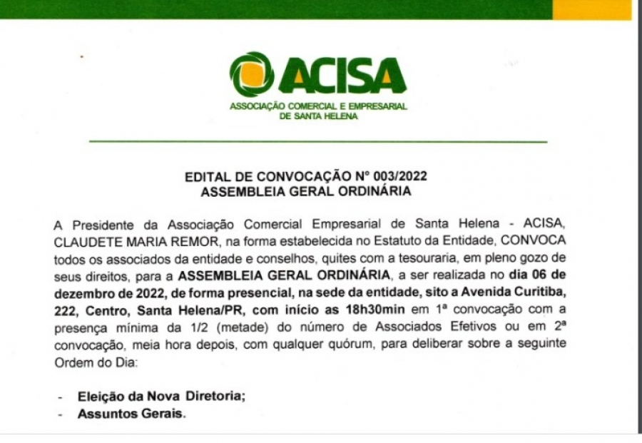 Acisa lança edital para eleição de diretoria